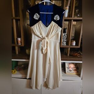 Vintage Elegant Cream and Blue Velvet Women's Dress Size 9/10